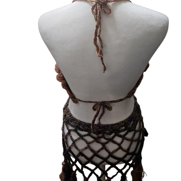 Handmade Crochet Swim Cover-up Fishnet Design Multicolor Rainbow Halter Crop-Top - Picture 6 of 17